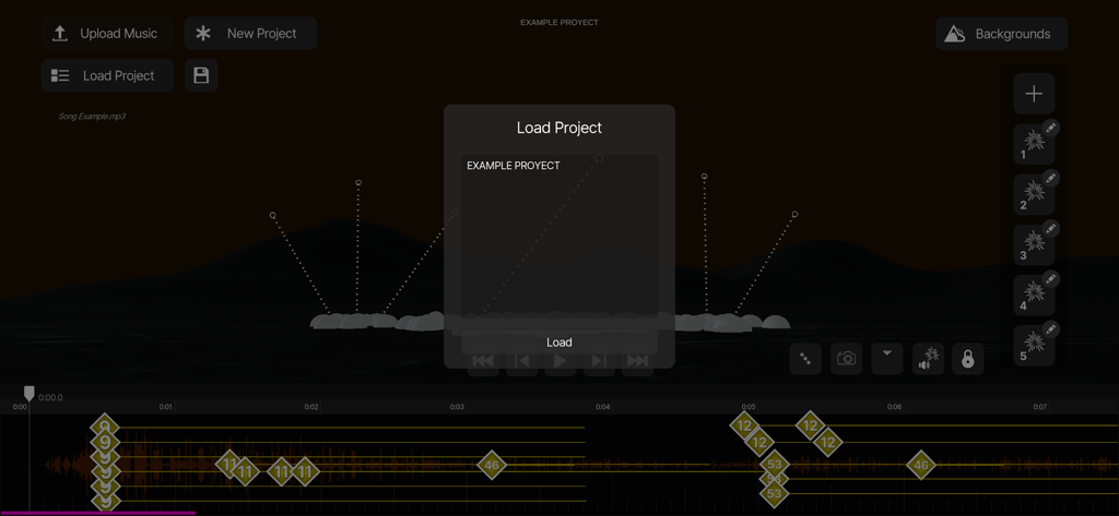Pyro Simulator for iPhone - Interface of Pyro Simulator showing project load window and music timeline editor