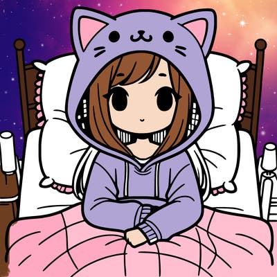 a girl wearing a cat hoodie in bed