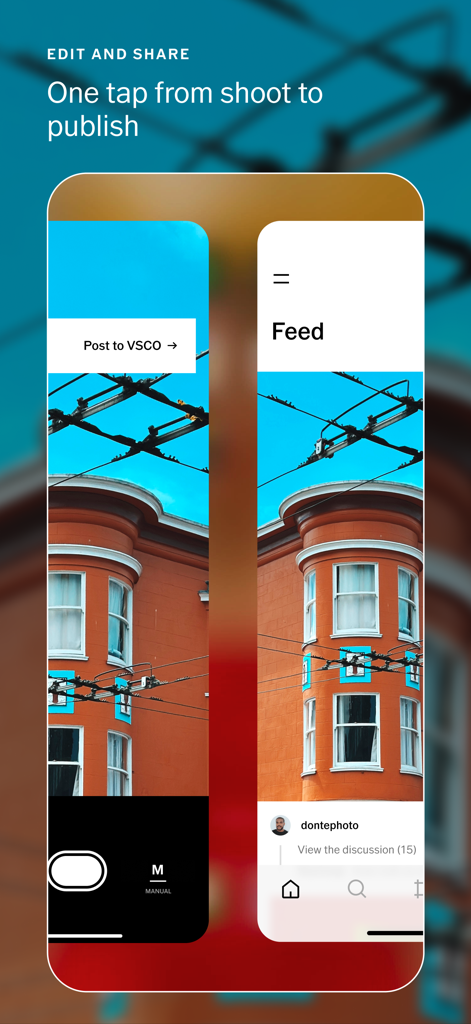 VSCO Capture: Photo & Video - VSCO Capture app interface showing the seamless workflow from taking a photo to publishing it on the feed.