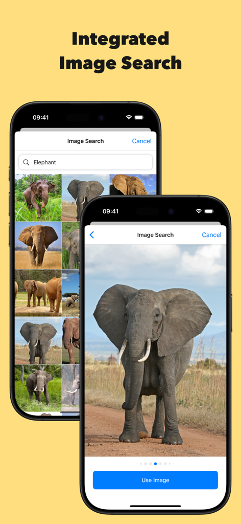 Screenshot of TierCreator app showing the integrated image search feature with elephant results