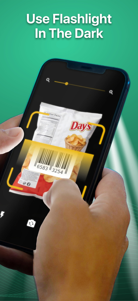 QR Code Scanner Pro - Scanify - A smartphone using the Scanify app to scan a barcode in low light with the flashlight enabled