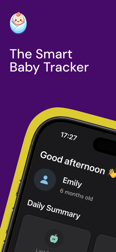 Baby Tracker – Feed & Sleep - Home screen of the Baby Tracker app showing a daily summary for a six month old baby named Emily.