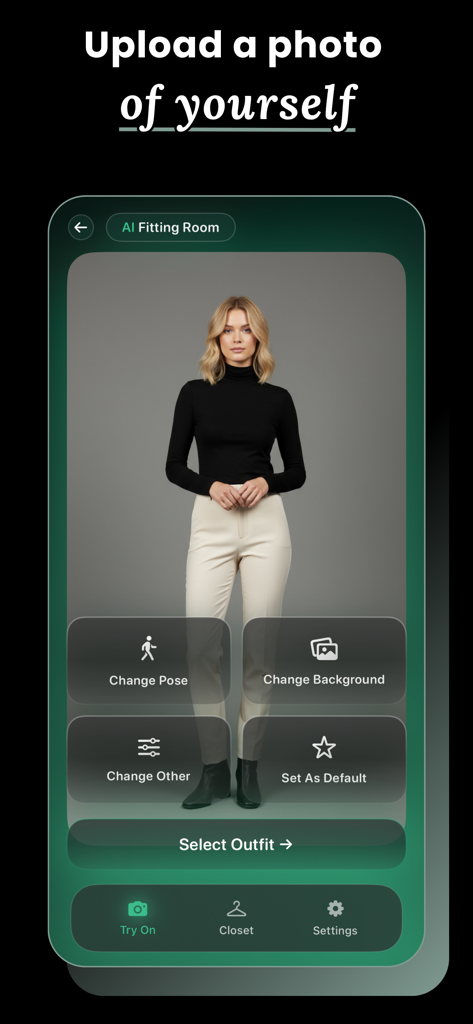 Fitting Room: Virtual Try On - Screenshot of the Fitting Room app interface for uploading a personal photo to use in AI virtual try-ons.