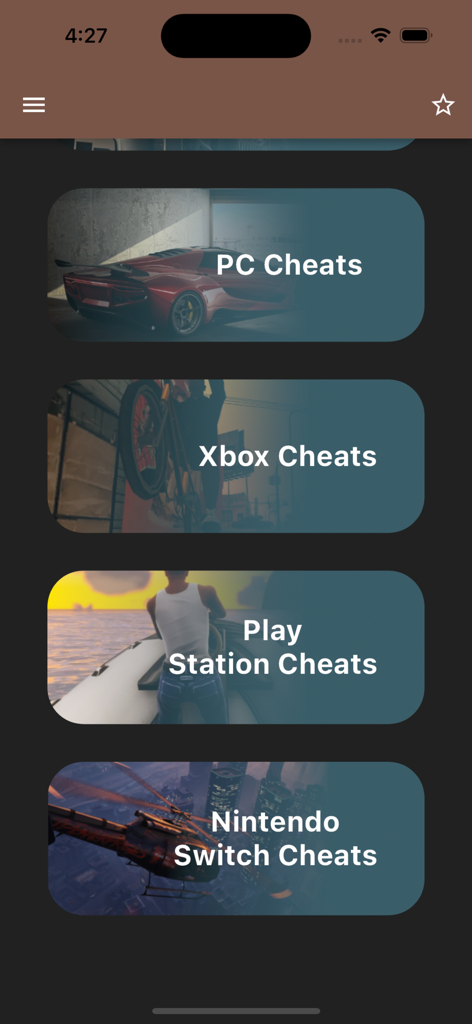 Selection menu for GTA San Andreas cheats on different gaming platforms