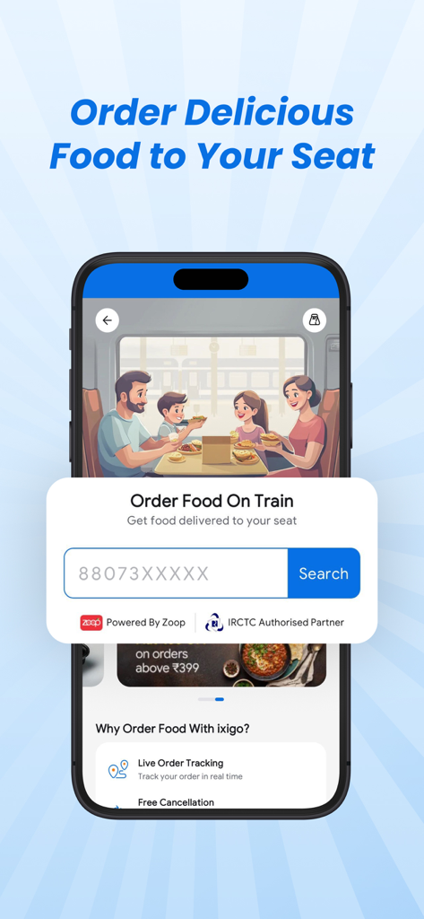 ixigo Trains: Ticket Booking - A screenshot of the ixigo app showcasing the feature to order food for delivery directly to your seat on Indian Railways.