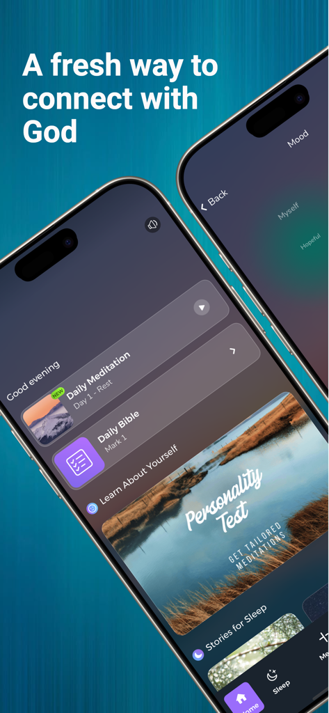 The Soultime Christian Meditation app displayed on two mobile phones showing features like daily meditations and mood tracking