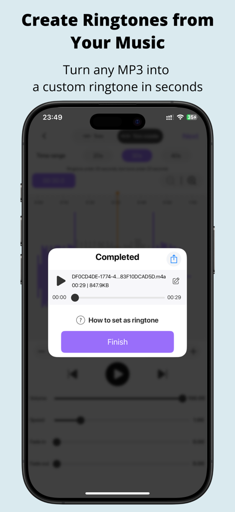 MP3 Cutter: Music Trim & Maker - MP3 커터 앱으로 설정할 준비가 된 완성된 사용자 지정 벨소리를 보여주는 iPhone 화면.