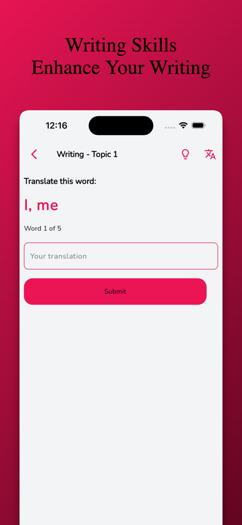 Slovak Learning - Beginners - Un ejercicio de escritura en la aplicación Aprendizaje de Eslovaco que muestra una tarea de traducción para las palabras 'yo' y 'a mí'.