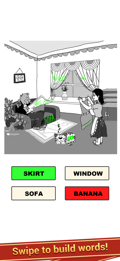 Word Link - Word Puzzle Game - Ein Screenshot des Word Link-Spiels, der ein Bilderrätsel zeigt, bei dem Spieler Wörter wie Sofa und Rock Objekten in einer Wohnzimmerszene zuordnen.