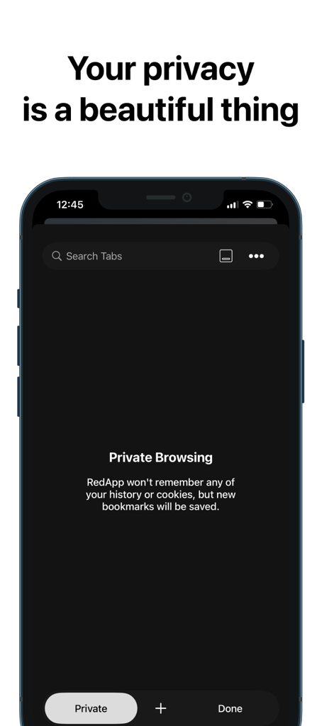RedApp Browser - RedApp Browser's private browsing screen featuring privacy protection text and a dark mode interface.