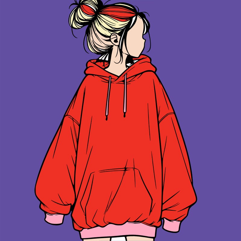 realistic girl with a oversized sweatshirt on and a bun