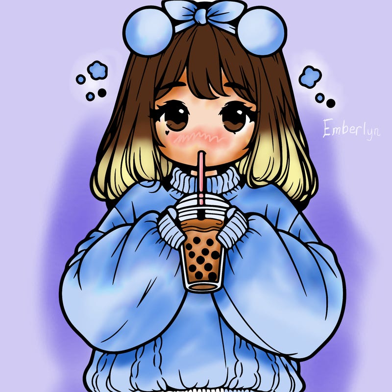 a realistic girl wearing a oversized sweater drinking boba