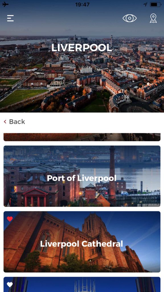 Screenshot of the Liverpool Travel Guide app interface displaying tourist attractions like the Port of Liverpool and Liverpool Cathedral.