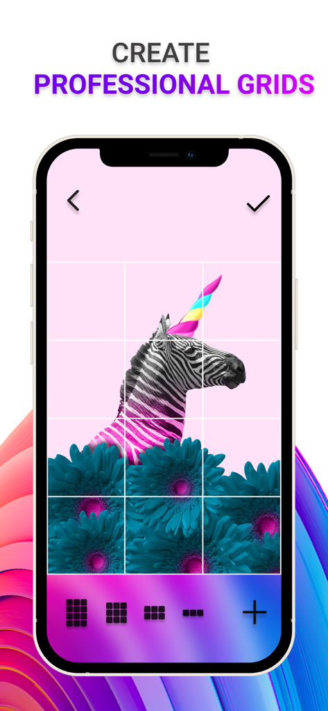 Pantalla de smartphone que muestra la creación de una cuadrícula profesional de tres por tres para un feed de Instagram usando una foto creativa de una cebra.