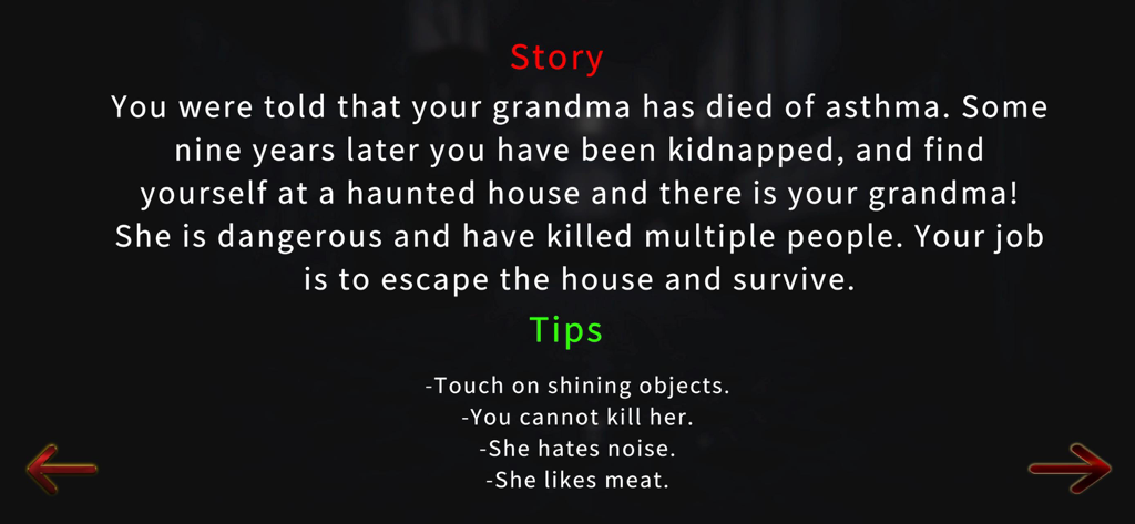 Scary Granny Nun Escape Game - Pantalla de consejos de historia y jugabilidad para el Juego de Escape de la Abuela Monja Aterradora