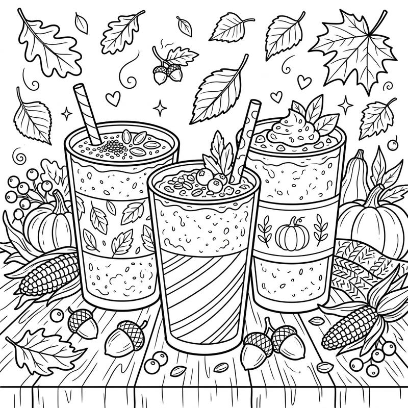 Enjoy the rich flavors of fall with this delightful coloring page featuring three delicious protein smoothies amidst a charming autumn harvest scene. Surrounded by pumpkins, leaves, and cozy details, this page offers a perfect blend of health and seasonal cheer for coloring enthusiasts.