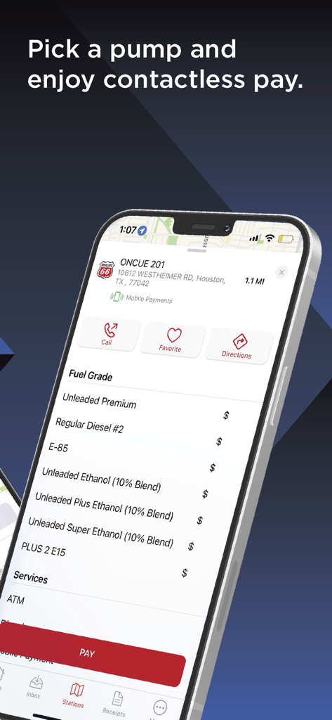 Fuel Forward - A interface do aplicativo Fuel Forward mostrando as opções de combustível e um botão de pagamento móvel para um posto de gasolina Phillips 66.