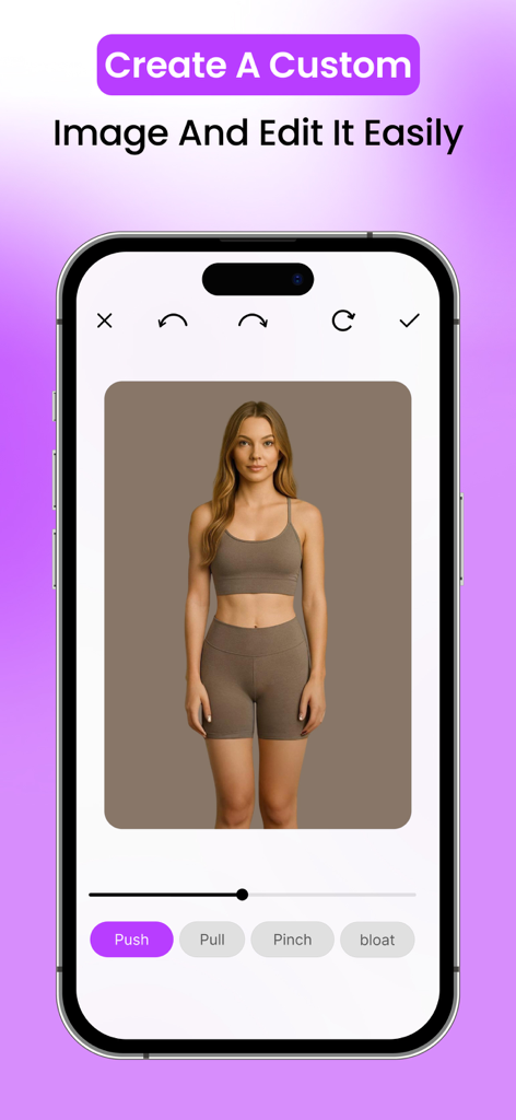 Body Editor AI: Hot, Slim Look - Una mujer con ropa deportiva siendo editada con herramientas de empujar y tirar en la interfaz de la aplicación móvil Body Editor AI.