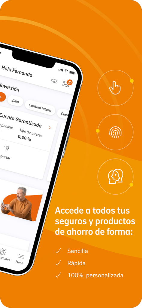 Interfaz de la aplicación Nationale-Nederlanden España que muestra la gestión de productos de seguros y ahorros en un smartphone