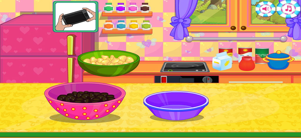 Cakes Maker : Cooking Desserts - Colorful cartoon kitchen interface for a children's cake cooking simulation game showing ingredients and bowls