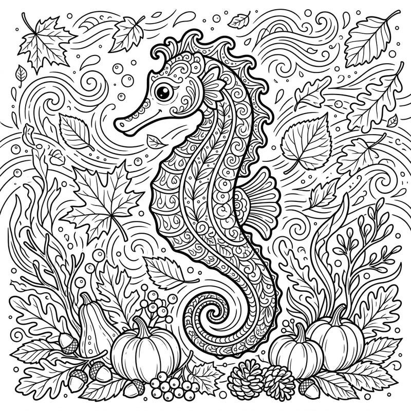 Discover the magic of fall with this enchanting painted seahorse coloring page, where oceanic beauty meets autumnal splendor. This intricate design offers a unique creative escape, perfect for coloring enthusiasts of all ages.