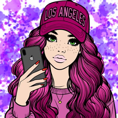 realistic beautiful girl wearing los ángeles cap holding an iphone
