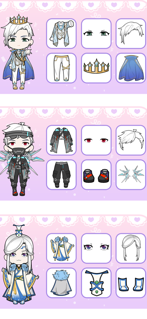 A display of three different anime characters and their customizable clothing items in Vlinder Dolls.