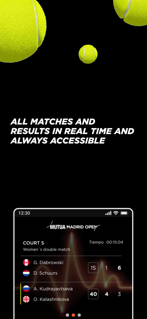 Mutua Madrid Open - Interface of the Mutua Madrid Open app displaying real time tennis match scores and results