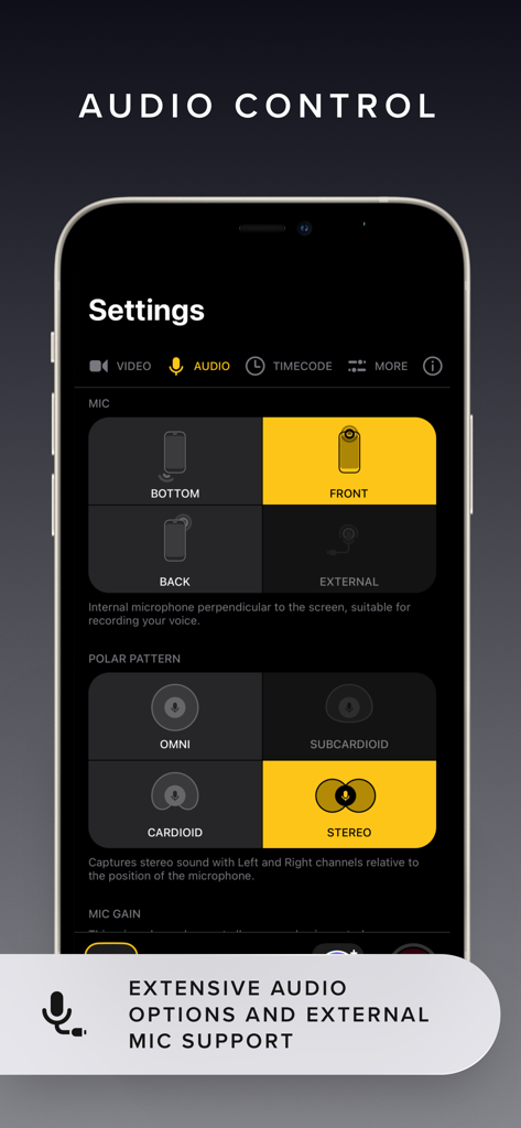 REC - Pro Video Camera - Interface of the REC Pro Video Camera app showing professional audio controls for microphone selection and polar patterns