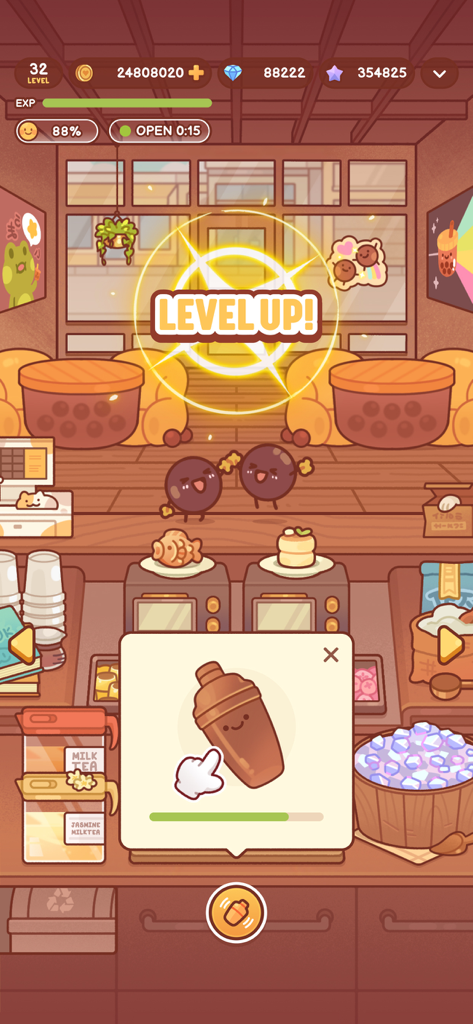 Boba Tale level up screen featuring a cozy shop interior and cute boba characters