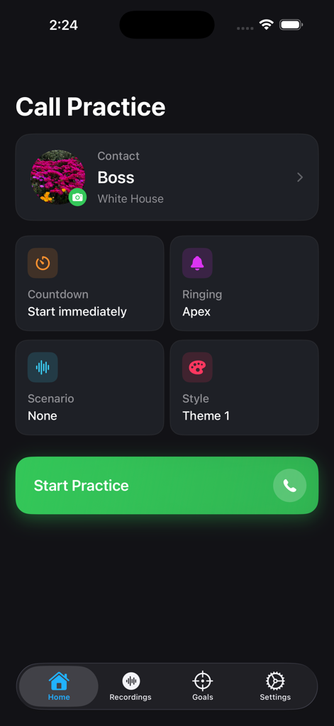 Setup screen for a simulated phone call practice session showing contact details for Boss and a Start Practice button.