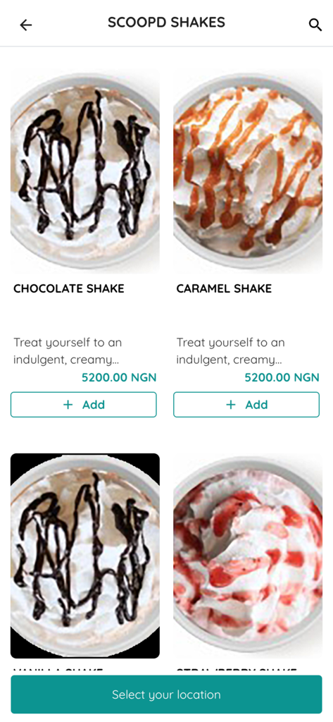 Scoop'd Ice Cream Bar - Menu screen of Scoop'd Ice Cream Bar app showing various gourmet shakes with whipped cream