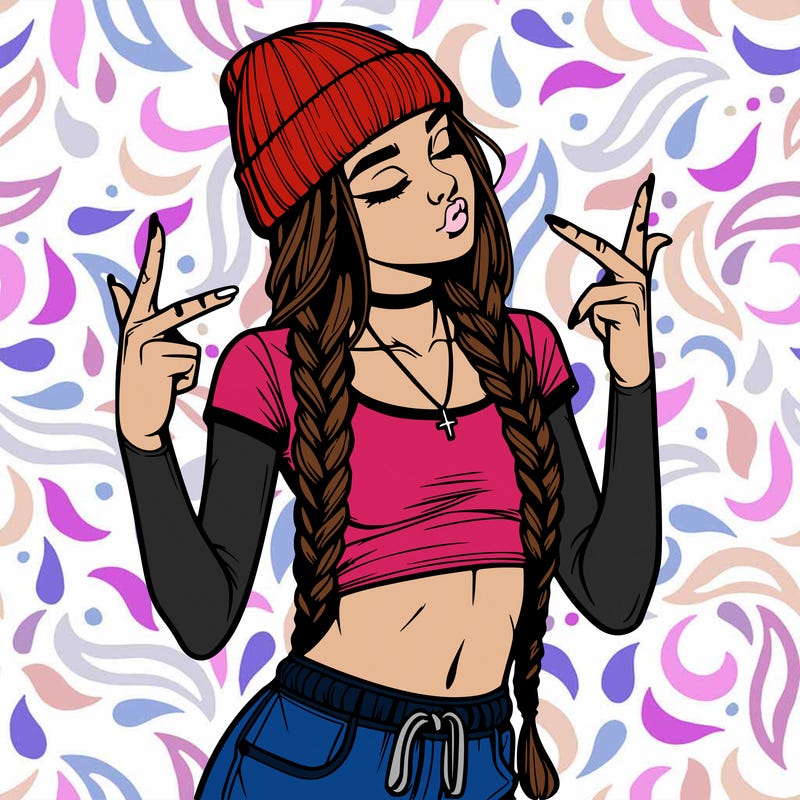 realistic teenage girl with braids and a beanie and crop top doing 🫶🏼