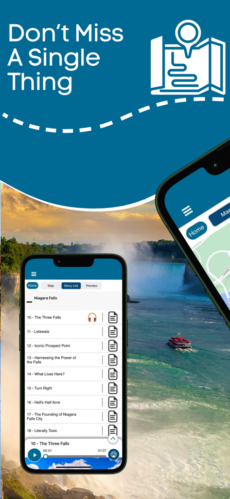 Niagara Falls: USA & Canada - Interface do aplicativo de viagem de Niagara Falls mostrando uma lista de histórias e um mapa sobre uma vista das cachoeiras
