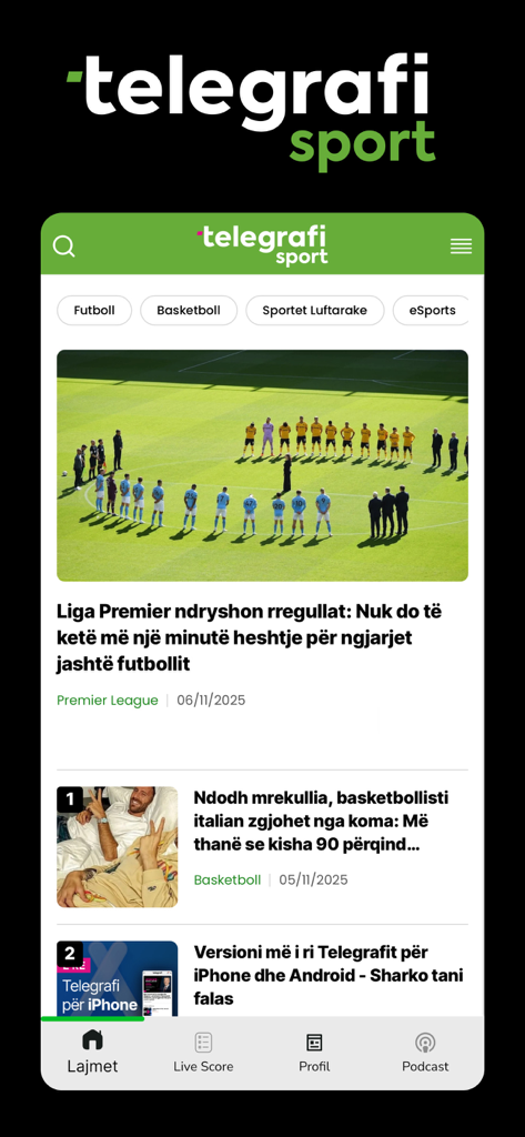 Telegrafi Sport - Interfaz de la aplicación Telegrafi Sport mostrando el feed de noticias deportivas con categorías de fútbol y baloncesto