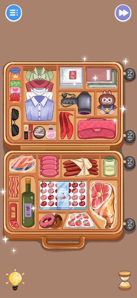 A neatly packed suitcase with organized clothes, accessories, and food items in a satisfying ASMR puzzle game interface.