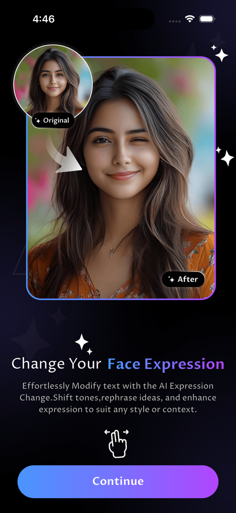 Screenshot der AI Expression App, der einen Vorher-Nachher-Vergleich einer Frau zeigt, die mit der Gesichtsausdruck-Funktion zwinkert.