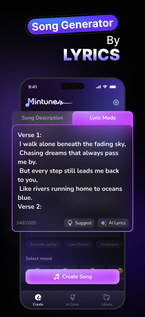 Interface of the Mintunes AI Music Generator app showing the Lyric Mode feature with custom song lyrics and a Create Song button.