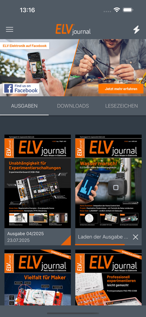 エレクトロニクスとDIYメイカープロジェクトに焦点を当てた複数の雑誌号を表示するELVジャーナルアプリのメイン画面。