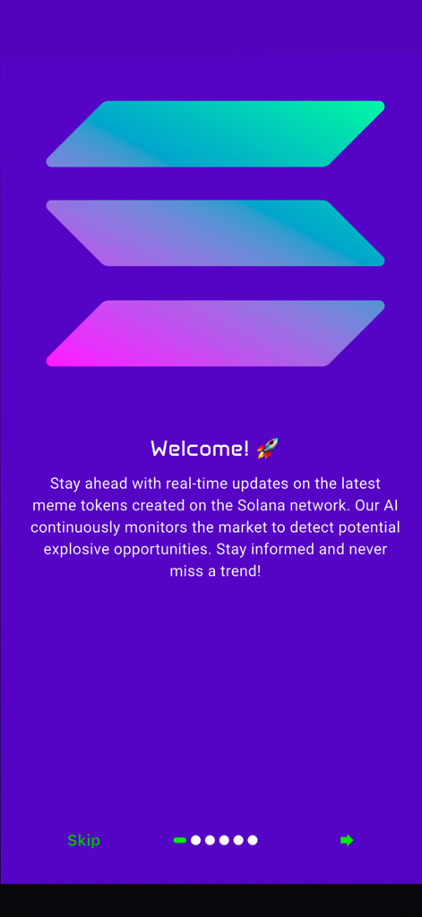 Memecoin Alerts: Real-Time SOL - Welcome screen of the Memecoin Alerts app featuring the Solana logo and information about real time AI monitoring