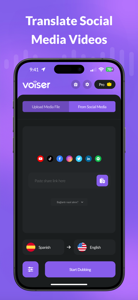 AI Dubbing & Video Translator - Interface para traduzir vídeos de mídia social do espanhol para o inglês usando o aplicativo de dublagem com IA