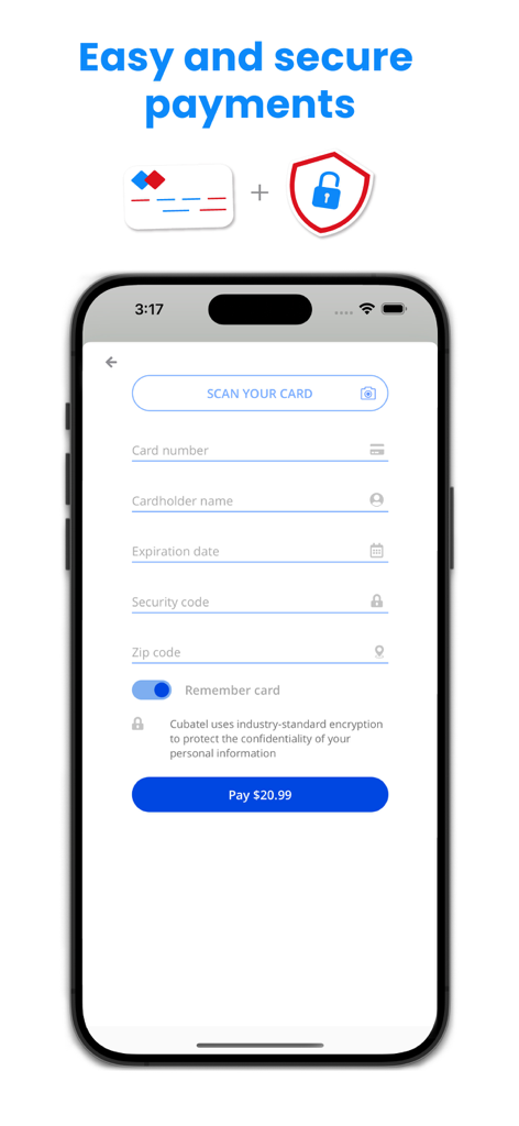 Cubatel app screen showing a secure payment form for mobile recharges with options to scan a credit card.