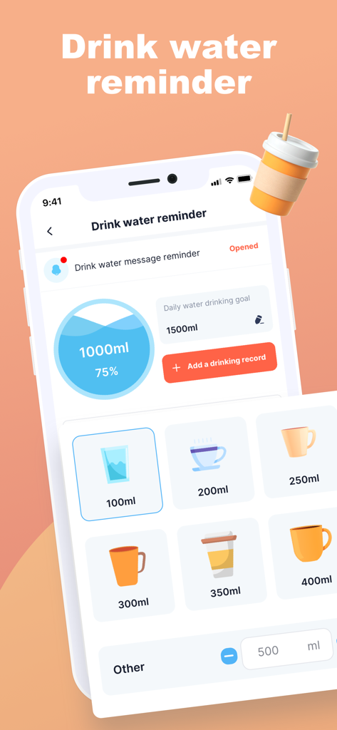 Echo Diary - Wallpaper & List - Interfaz de la aplicación Echo Diary que muestra un recordatorio de ingesta de agua con un objetivo diario de 1500 ml e iconos de selección de diferentes tamaños de bebida.