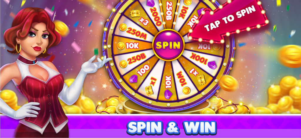 Gin Rummy Elite: Online Game - Una mujer de pie junto a una rueda de giro y gana diaria que ofrece fichas gratis y recompensas de gemas en Gin Rummy Elite.