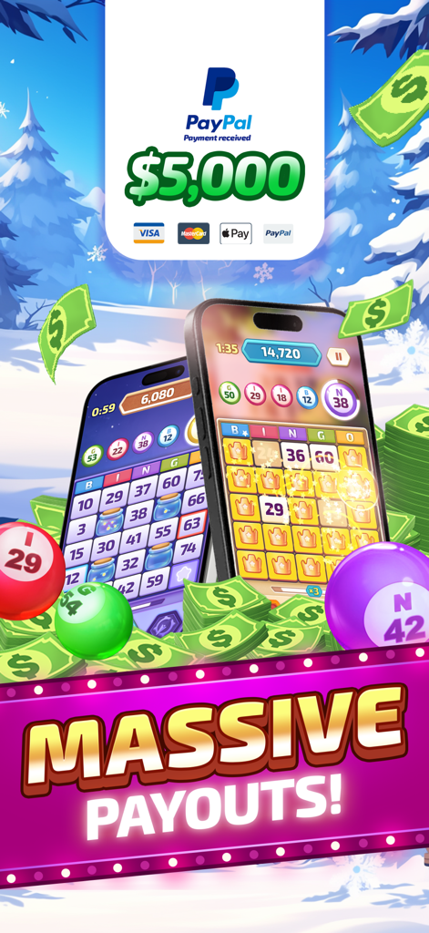 Big Cash Bingo app interface showing a five thousand dollar PayPal payout and mobile gameplay with cash prizes.