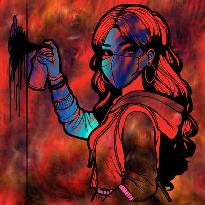 realistic girl with mask spray painting a wall