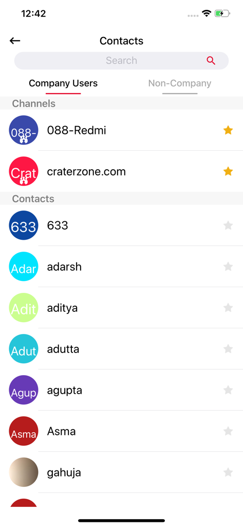 VoicePing - VoicePing app interface showing the contacts list with company users and channel categories