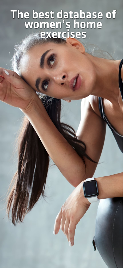 Home Workout For Women - A woman in athletic wear resting with text describing the best database of womens home exercises