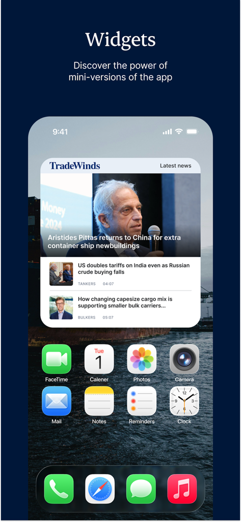 TradeWinds News - TradeWinds News iOS widget on a mobile home screen displaying maritime industry headlines