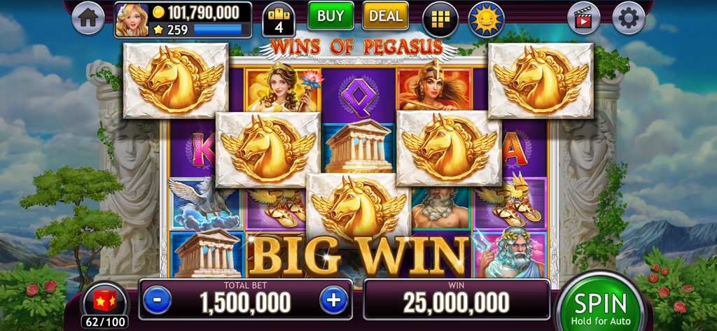 Slots of Luck Vegas Casino - Écran de gros gain dans le jeu de machine à sous sur le thème de la mythologie grecque Wins of Pegasus